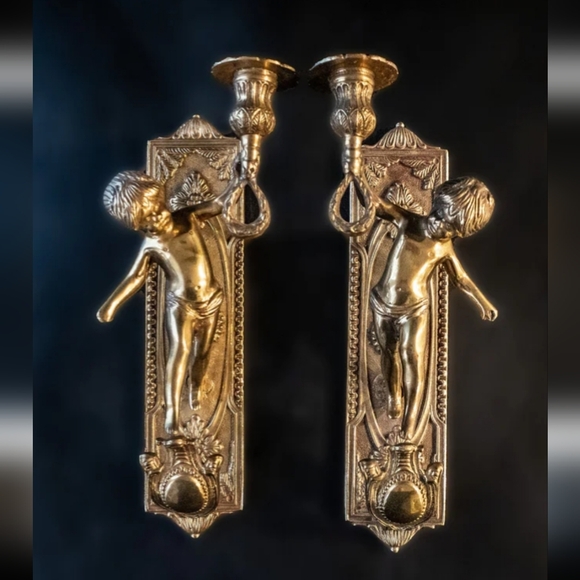 lancini Other - Lancini Italian Antique Brass Cherub Wall Sconce Candle Holders